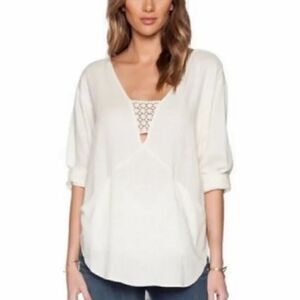 FREE PEOPLE Just Cruisin Linen Blend Top Pockets Crochet Deep V Ivory Women’s XS